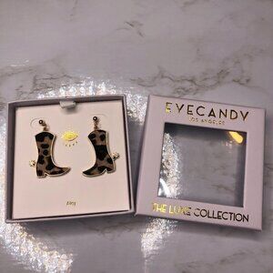 NWT Eye Candy LA Cowgirl Rodeo Faux Fur Cowboy Boot Goldtone Brass Earrings